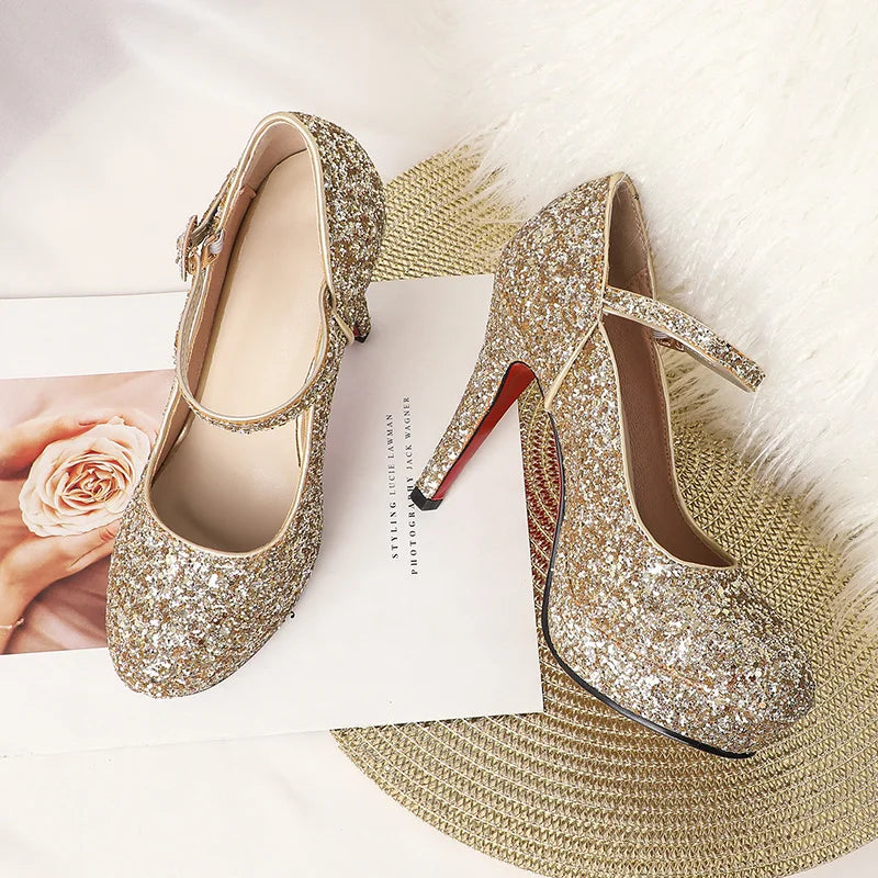 Luxury Sequined High Heels Shoes Woman Pumps Platform Red Gold Silver Heeled Party Office Wedding Bridal Shoes Female ZOGEER  Amaijoin