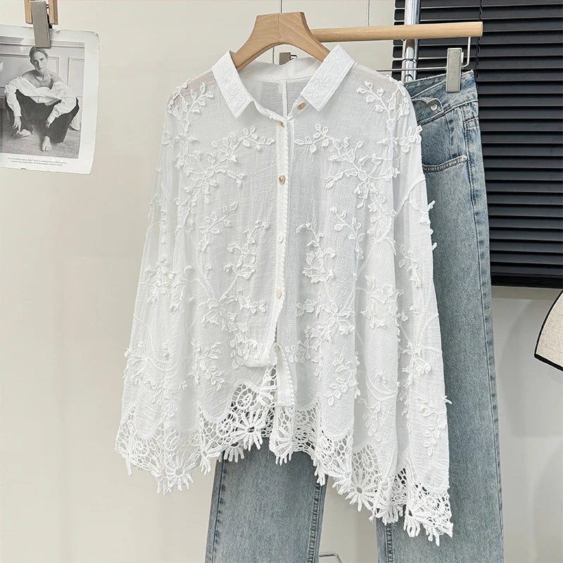 Embroidery Stereo Jacquard Gentle Blouses Single-breasted Lace Patchwork Age Reducing Blusas 2024 Spring Autumn New Chic Shirts  Amaijoin