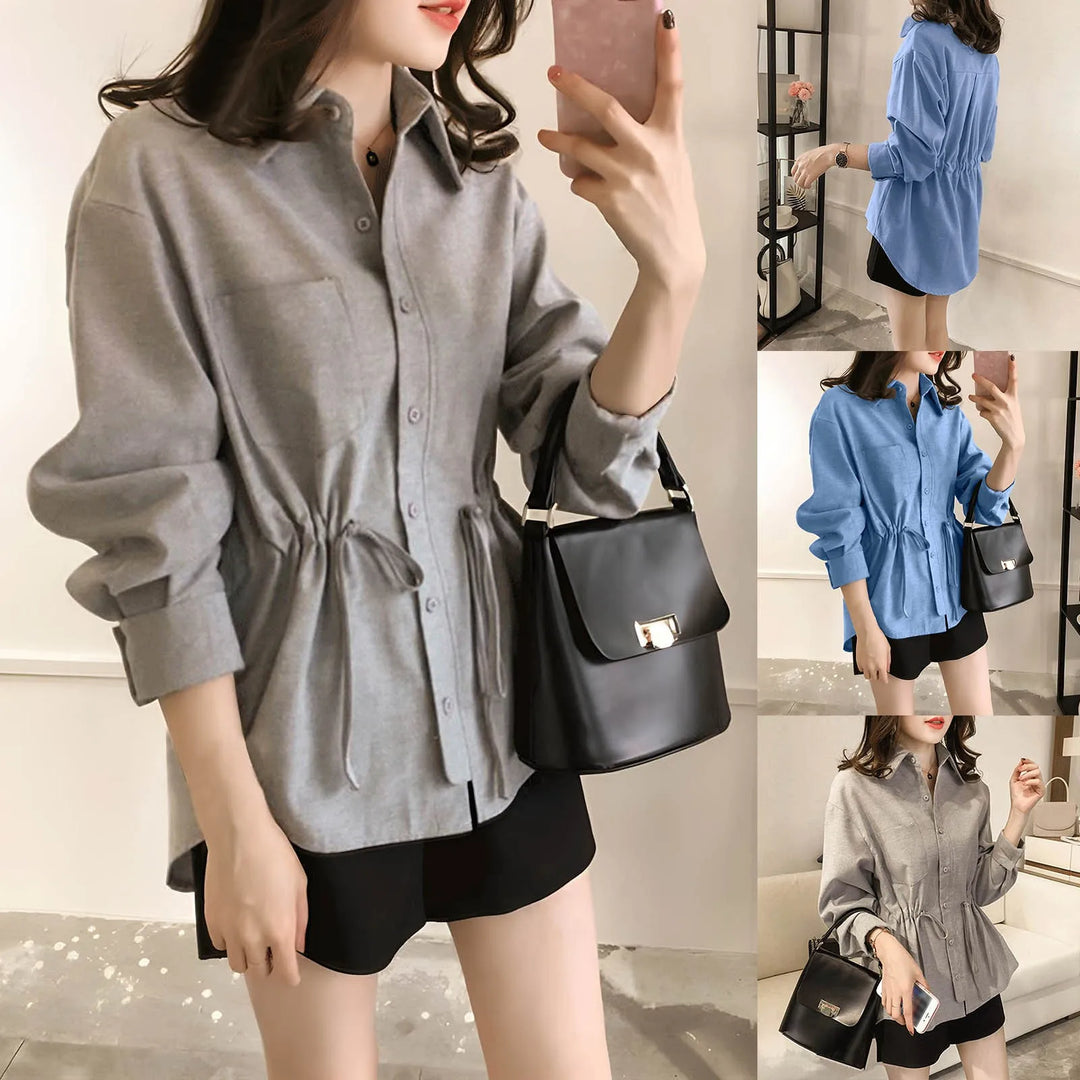 Women's Shirt 2024 Spring New Fashion Lapel Waisted Commuter Tops Shirt Solid Colour Large Size Casual Loose Blouse Shirt  Amaijoin