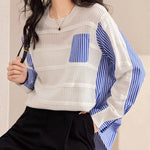 Load image into Gallery viewer, Stylish Hollow Out Knitted Patchwork Pullovers Women 2024 Fashion Oversized Striped Shirt Sweater Pocket Jumper Korean Style  Amaijoin
