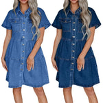 Load image into Gallery viewer, 2024 Spring Summer New Women&#39;s Clothing Solid Color Short Sleeve Lapel Casual Denim Dress High Waist Dress  Amaijoin
