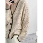 Load image into Gallery viewer, Chic jacquard 100% cashmere knit cardigan Women&#39;s autumn/winter lazy V-neck sweater Loose wool coat  Amaijoin
