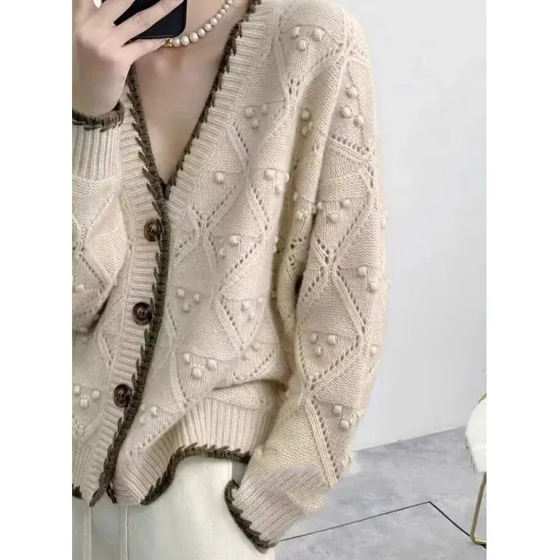 Chic jacquard 100% cashmere knit cardigan Women's autumn/winter lazy V-neck sweater Loose wool coat  Amaijoin