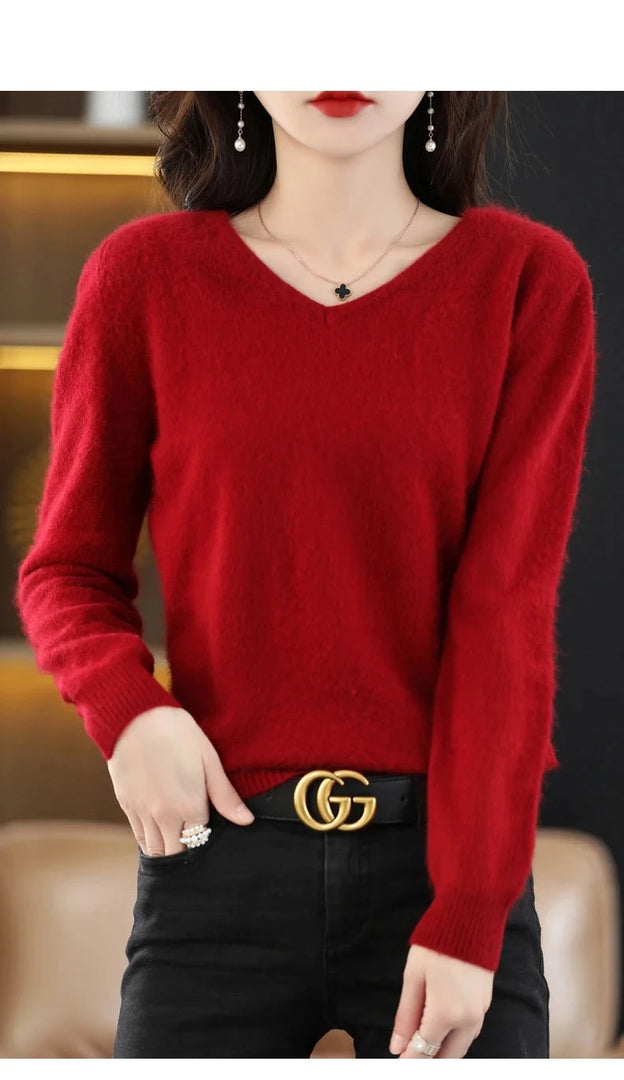 Women's Flat V-neck Mink Cashmere Sweater New Autumn/winter 2023 Knitted Loose Pullover Commuter Basic Knit Top  Amaijoin