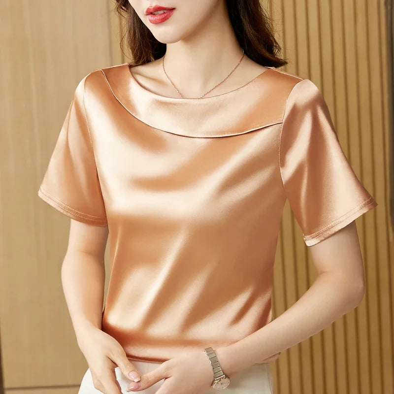 Satin Women Blouse T-shirt Skew Collar Blouses Summer Short Sleeve Womens Tops Solid Elegant Women Clothing OL Shirts for Women  Amaijoin