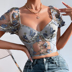 Load image into Gallery viewer, Koltailace Bufferfly Embroidery Puff Sleeve Top Women V Neck Summer Backless Short Sleeve Sexy Cropped Top Blouse  Amaijoin
