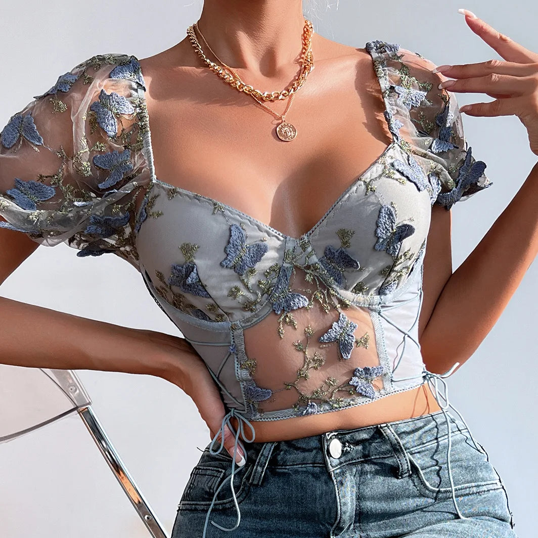 Koltailace Bufferfly Embroidery Puff Sleeve Top Women V Neck Summer Backless Short Sleeve Sexy Cropped Top Blouse  Amaijoin