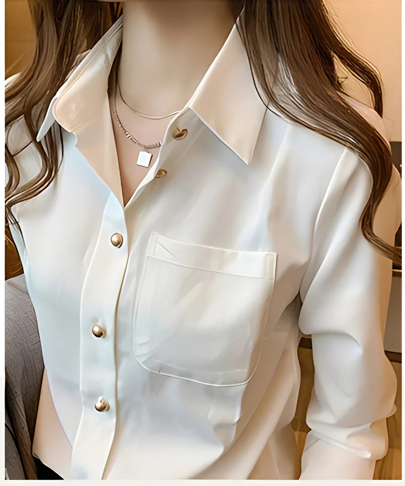 PLAZSON Elegant Women's Solid White Blouse Tops Fashion Long Sleeve Blouses Chic V Neck Pulovers Autumn Shirts & Blouses  Amaijoin