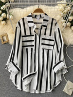 Load image into Gallery viewer, Fashion Woman Blouse 2023 Medium Length Vertical Stripe Shirt Jacket for Women&#39;s Korean Casual Loose Fitting Elegant Top  Amaijoin
