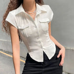 Load image into Gallery viewer, Skinny Uniform Short Sleeve Shirts Women Korean Turndown Collar Pockets White T-Shirt Slim Fit Single-Breasted OL Woman Clothes  Amaijoin
