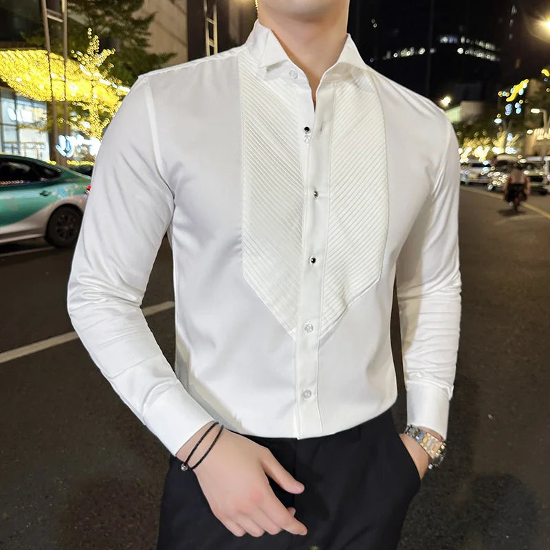 2023 Autumn Banquet Gentleman Dress French Collar Shirt Men's Long Sleeve Casual Business Organ Pleated Shirt Men Clothing  Amaijoin