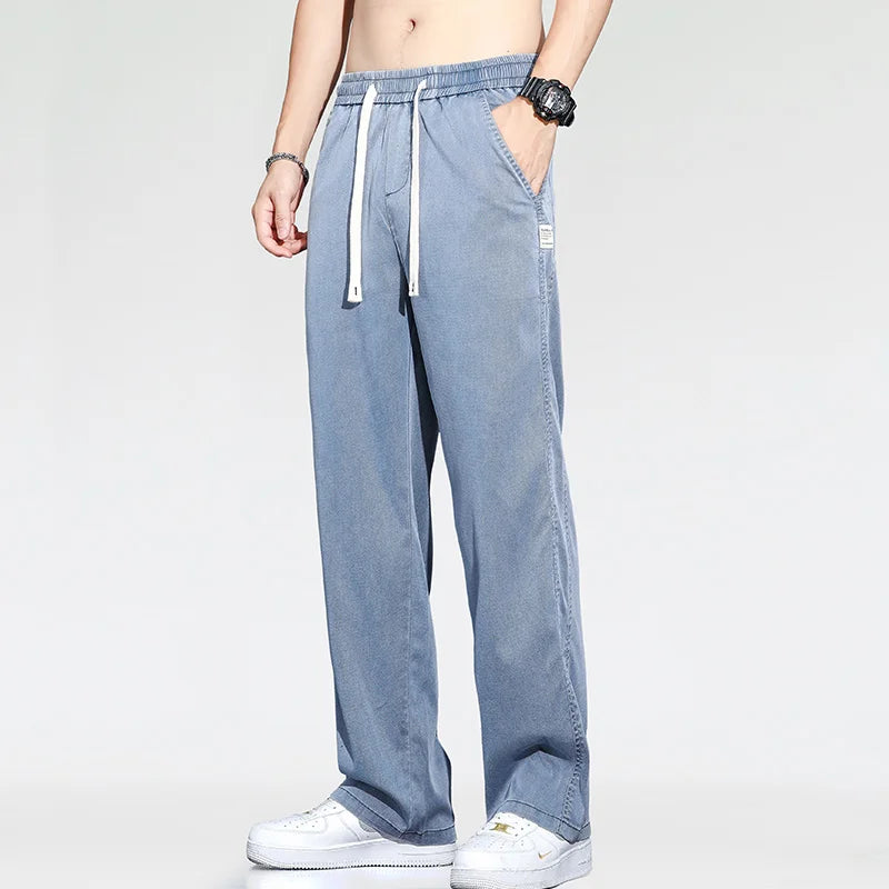 Summer Thin Loose Wide-leg Men Jeans Soft Lyocell Elastic Fashion Casual Straight Drawstring Denim Trousers Black Blue Gray  Amaijoin