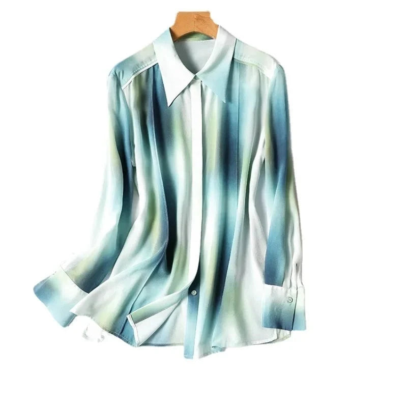 New 2024 Satin Surface Summer Women's Blouse Casual Fashion Simplicity Tops Tie Dye Printing Turn-down Collar Long Sleeved Shirt  Amaijoin