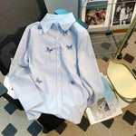 Load image into Gallery viewer, DUOJIHUI Blue Fashion Butterfly Embroidery Sweet Women Shirt Spring Loose Simple Single Breasted Casual Solid Color Female Shirt  Amaijoin
