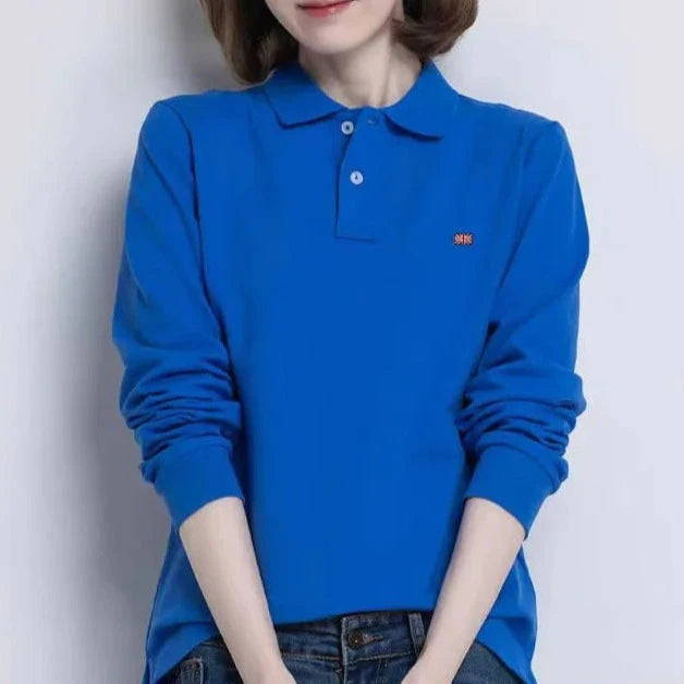 Women's  100% Cotton Long Sleeve Polo Shirts Femmes Lapel T Shirts Collar All-Season New T-shirt Workout Tops  Polo shirt  Amaijoin