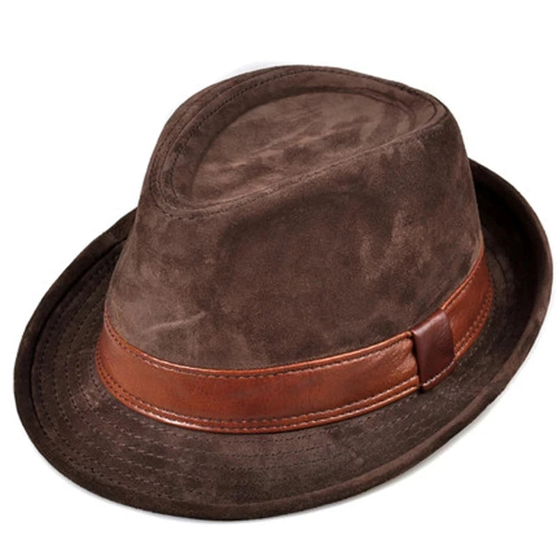 Men Genuine Leather Suede Cow Skin Nubuck Brown Fedoras Hats Women Gentleman Male Jazz Hip Pop Caps 56-60cm Fitted Hat  Amaijoin