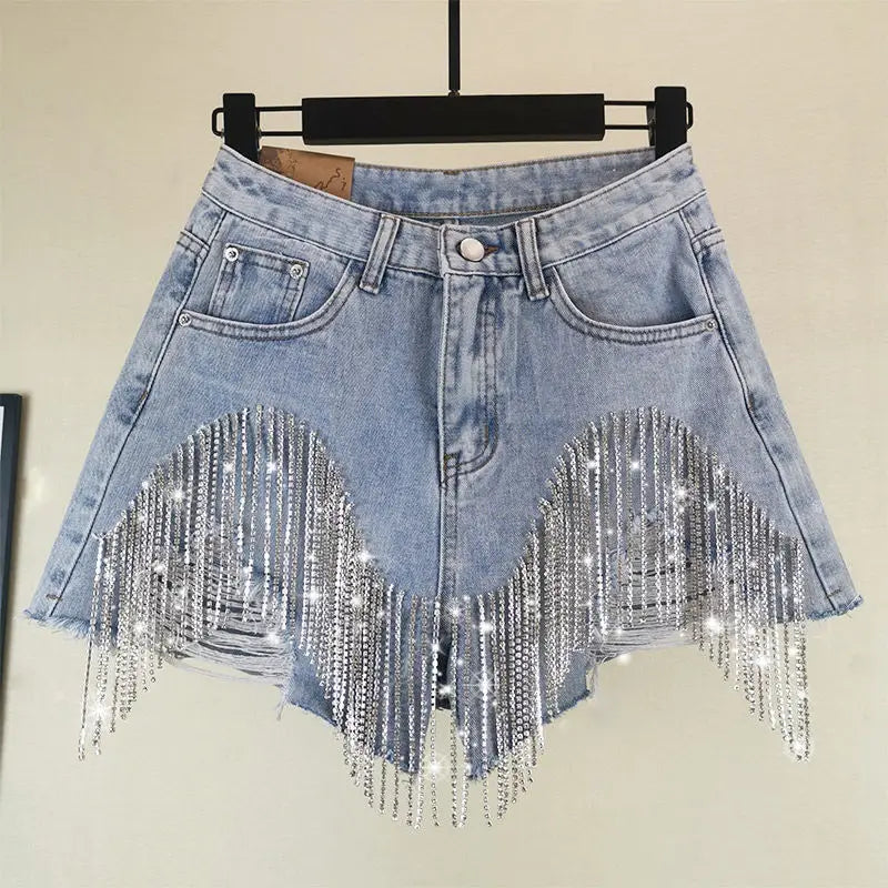 Summer Ripped Jeans Short Femme High Waist Diamond Tassel Y2k Casual Bottoms For Ladies Denim Shorts Women Clothing Fashion  Amaijoin