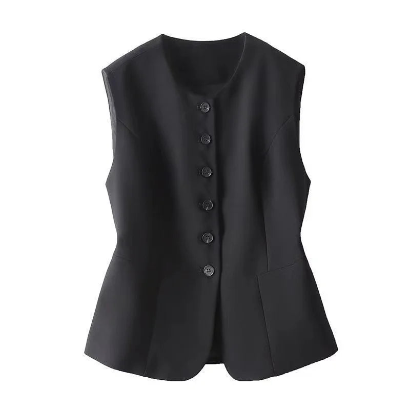 New Women Vest Coat Spring Autumn Solid Color O-Neck Single-Breasted Short Jacket Female Sleeveless Waistcoat Tops Chaleco Mujer  Amaijoin