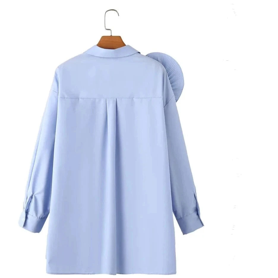 Zevity Women Fashion Pleated Large Flower Appliques Solid Smock Blouse Office Lady Buttons Shirt Chic Chemise Blusas Tops LS5639  Amaijoin