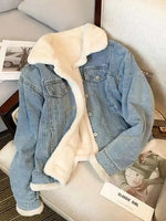 Load image into Gallery viewer, Winter Fleece Thicken Denim Jacket Women Loose Oversized Casual Warm Jeans Coats Wear Fur Collar Long Sleeves Female Clothes  Amaijoin
