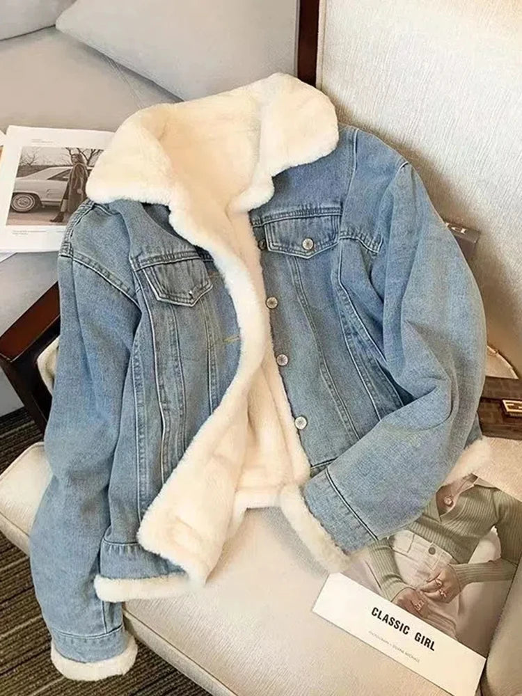 Winter Fleece Thicken Denim Jacket Women Loose Oversized Casual Warm Jeans Coats Wear Fur Collar Long Sleeves Female Clothes  Amaijoin