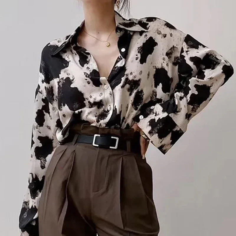 Cow Print Chiffon Women Shirts Spring Long Sleeve Blouse New Streetwear Tops Fashion Elegant Clothing  Amaijoin