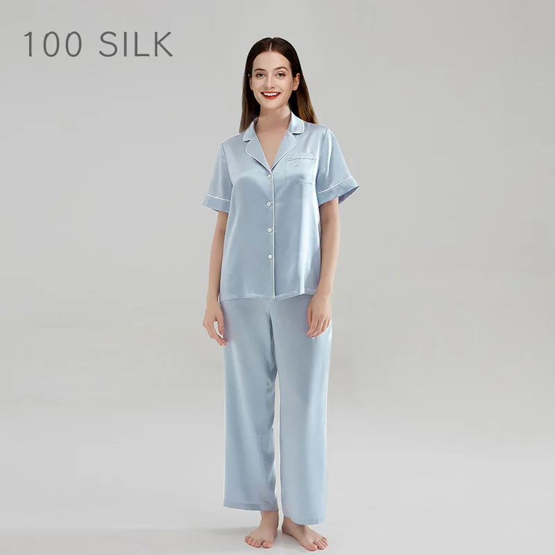 Birdtree 19MM 100%Real Silk Pajama Set Women's Solid Lapel Short Sleeve Long Pants Basic Comfortable Loungewear Spring S41146QD  Amaijoin