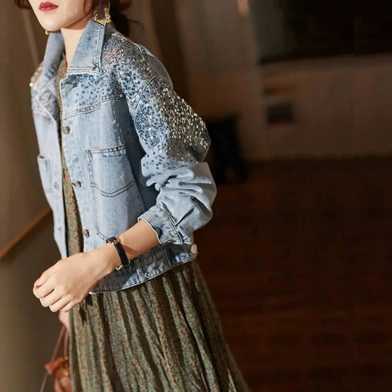 Lucyever 2022 Spring Autumn Denim Jacket Women Fashion Sequin Short Lapel Jean Coats Woman Casual  Full Sleeve Loose Button Coat  Amaijoin