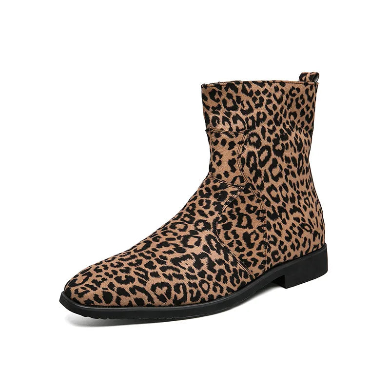 Winter Warm Leopard Chelsea Boots for Men Pointed Zipper Men's Fashion Boots Comfortable Leather Ankle Boots Man Plus Size 48  Amaijoin