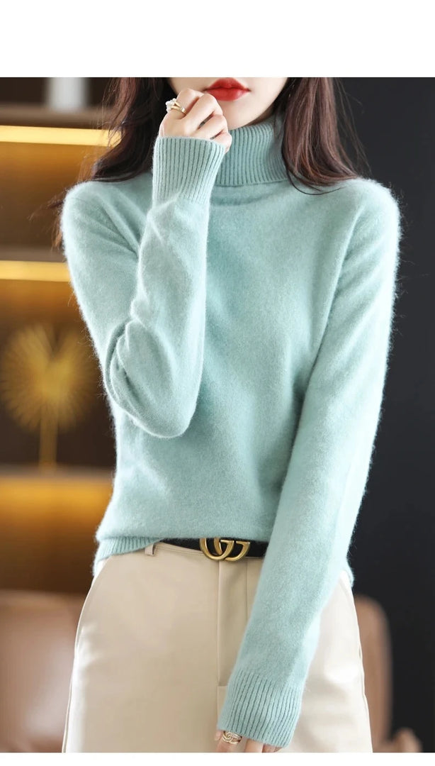 Autumn And Winter New 100% Mink Cashmere Sweater 2023 Women's High Neck Knitted Pullover Loose Korean Fashion Warm Women's Top  Amaijoin