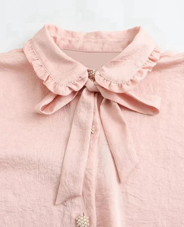 Tangada 2023 Women Pink Bow Loose Blouses Oversized Female Pearl Buttons Shirts Tops  4M260  Amaijoin