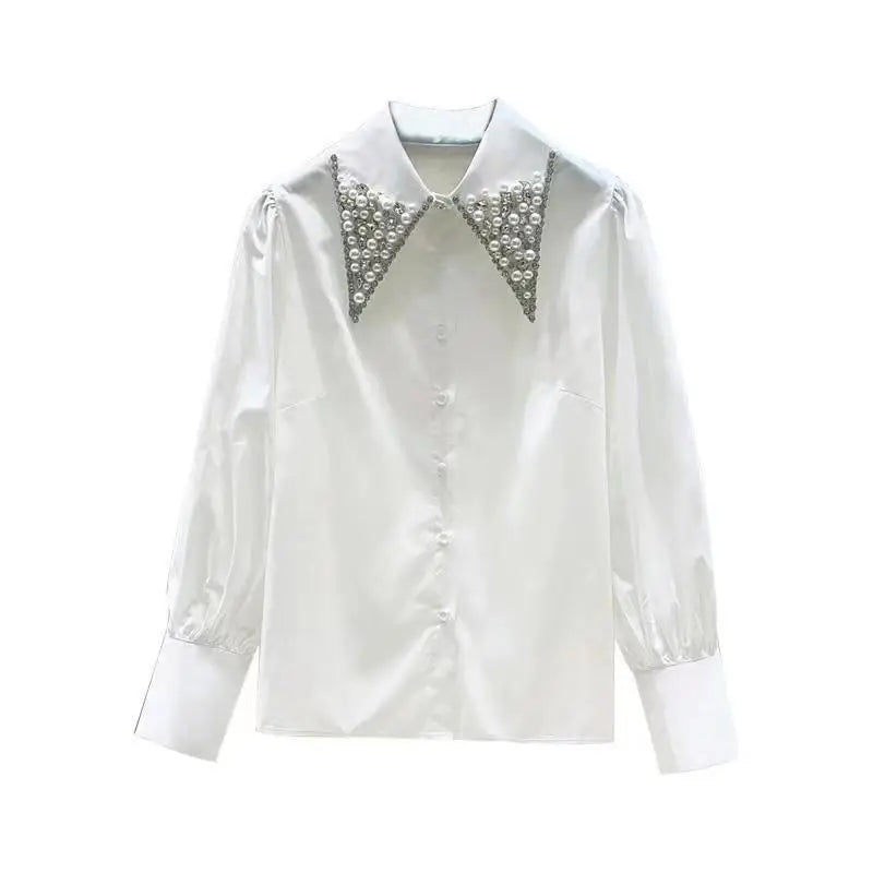 Polo Shirts for Women in Spring 2024 Korean Fashion Long Sleeved Shirts with Studded Elegant Commuter Tops Blouse Women  Amaijoin