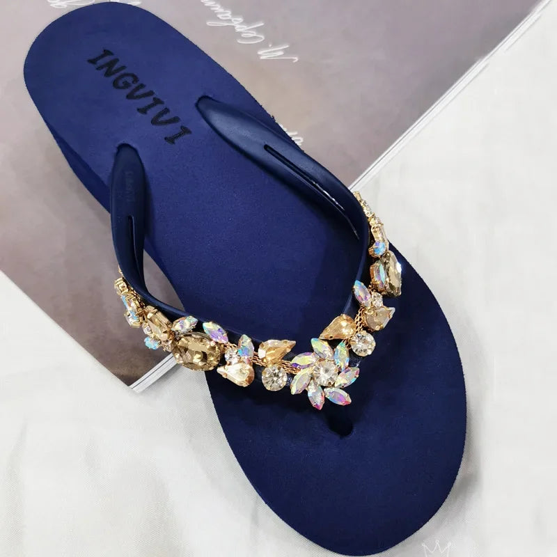 Slippers Women Glitter Flip Flops  Summer 2023 Fashion Outdoor Rhinestone Chain Wedge Beach Slippers Jelly Hawaiian Flat Sandals  Amaijoin