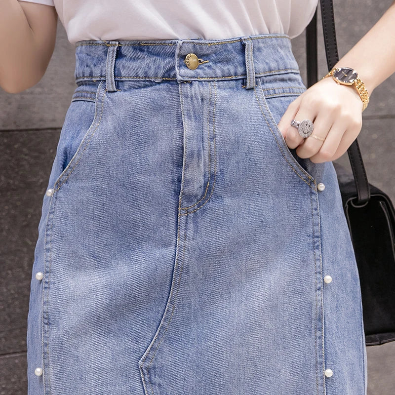 Irregular Jean Skirts Women High Waist Ripped Beaded Denim Skirt Female 2024 New Straight Midi Skirts Zipper Fly Pocket Saias  Amaijoin