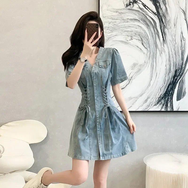 French Style Waist-fitted Mini Dress Denim Skirt Casual A- line Dress For Women High-waisted Summer New Arrival  Amaijoin