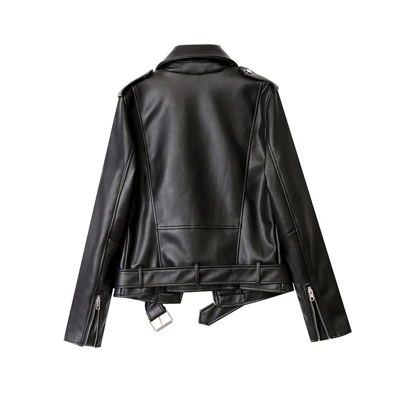 ZVRI classic black Spring and Autumn 2023 The new belt detachable epaulet motorcycle jacket leather jacket  Amaijoin