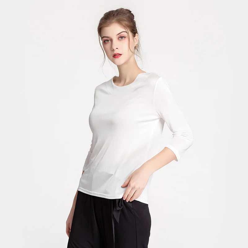 Birdtree Mulberry Silk Knitted Solid T-shirts Designed Slash Neck Loose Women's Casual Basics Tees Fall Winter New Tops T39355QM  Amaijoin