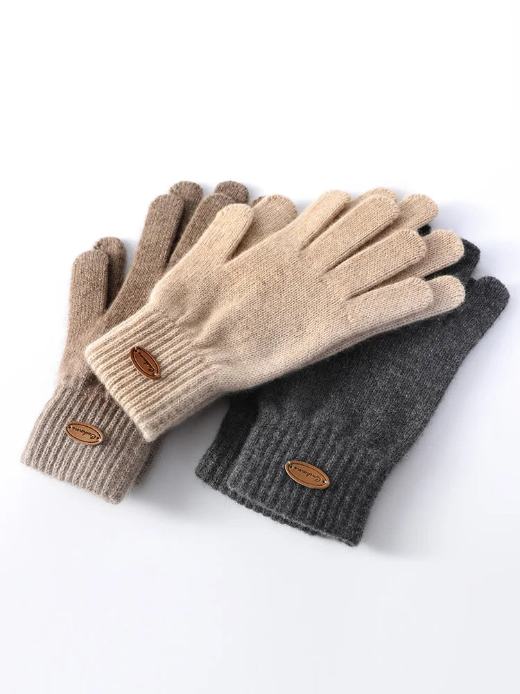 Women 100% Real Cashmere Knitted Gloves Ribbed Cuff Autumn Winter Touchscreen Finger Warm Wrist Length Classic Female Mitten  Amaijoin