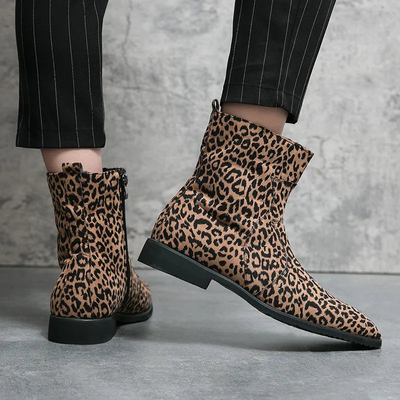 Winter Warm Leopard Chelsea Boots for Men Pointed Zipper Men's Fashion Boots Comfortable Leather Ankle Boots Man Plus Size 48  Amaijoin