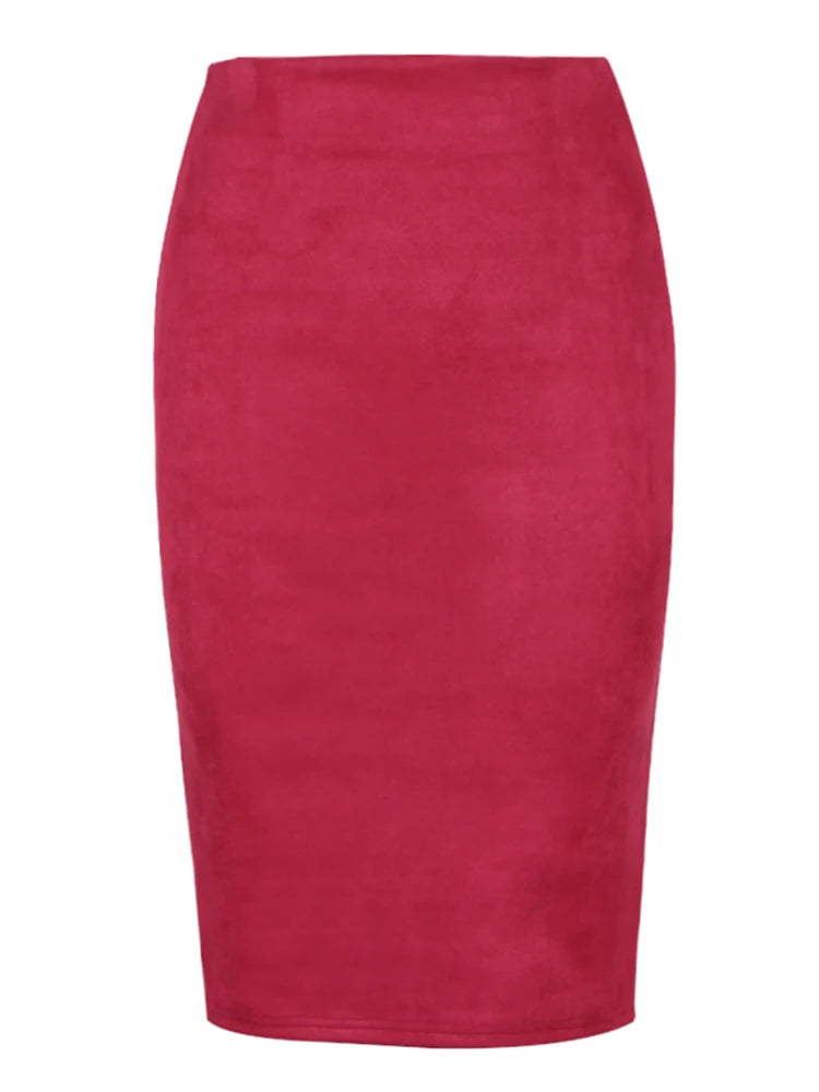 Sexy Multi Color Suede Midi Pencil Skirt Women Fashion Elastic High Waist Office Lady Bodycon Skirts Saias  Amaijoin