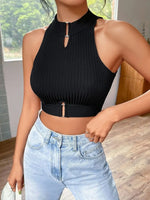 Load image into Gallery viewer, New  Summer Women Metal Cut Out Keyhole Tank Top Casual Rib-Knit Neck Cropped Shirts Femme Sleeveless Off Shoulders Y2k T-shirts  Amaijoin
