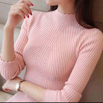 Load image into Gallery viewer, ITOOLIN Women Long Sleeve Knitted Bottoming Solid Pullovers Stripe Casual Sweater Autumn Winter Women Mock Neck Ruffles Sweater  Amaijoin
