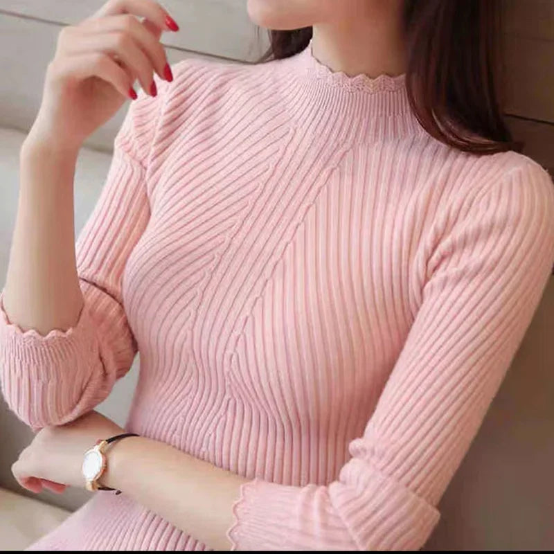 ITOOLIN Women Long Sleeve Knitted Bottoming Solid Pullovers Stripe Casual Sweater Autumn Winter Women Mock Neck Ruffles Sweater  Amaijoin