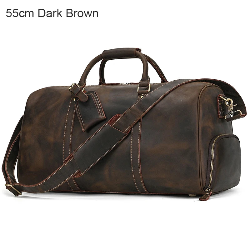 Luxury Genuine Leather Men Women Travel Bag Cow Leather Carry On Luggage Bag Travel Shoulder Bag Male Female Weekend Duffle Bag  Amaijoin