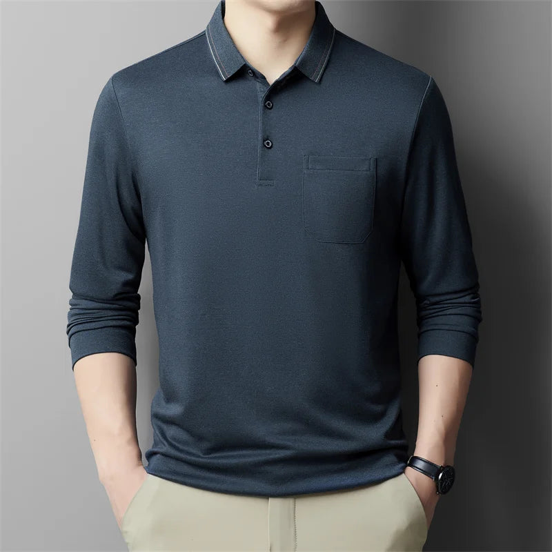 New Men's Casual Long Sleeve Polo Shirt Fashion Solid Color Top  Amaijoin