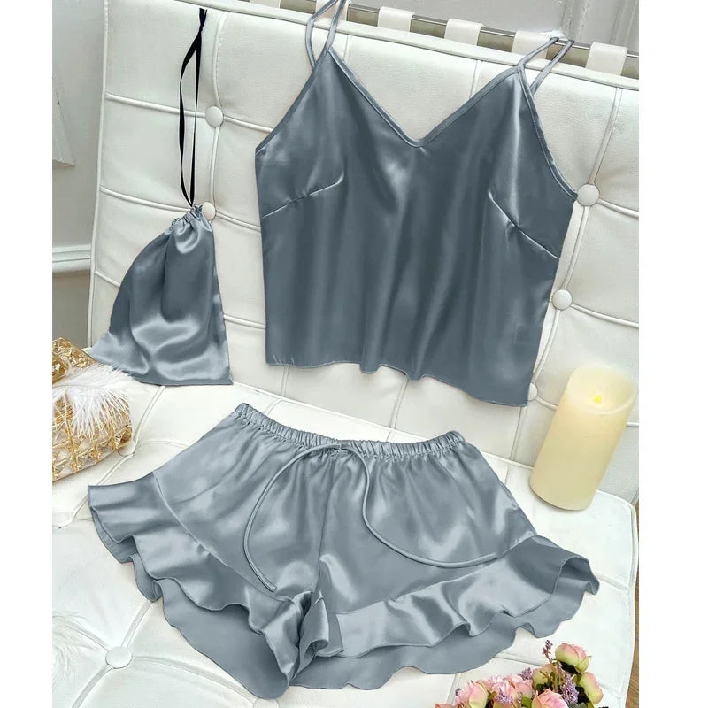 Fashion Sexy Underwear Set Women's 2 Pieces Sleepwear Pyjamas Silk Satin Bellyband Cami Top and Shorts Pajamas for Women Pijamas  Amaijoin