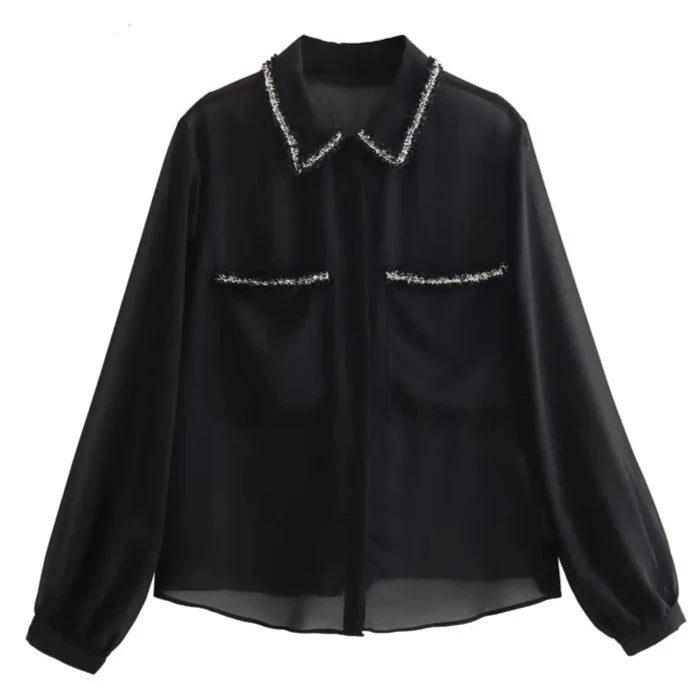 TRAF 2023 Textured Black Shirt Women Semi Sheer Chiffon Blouse Female Button Up Elegant Chic Woman Shirt Autumn Long Sleeve Top  Amaijoin