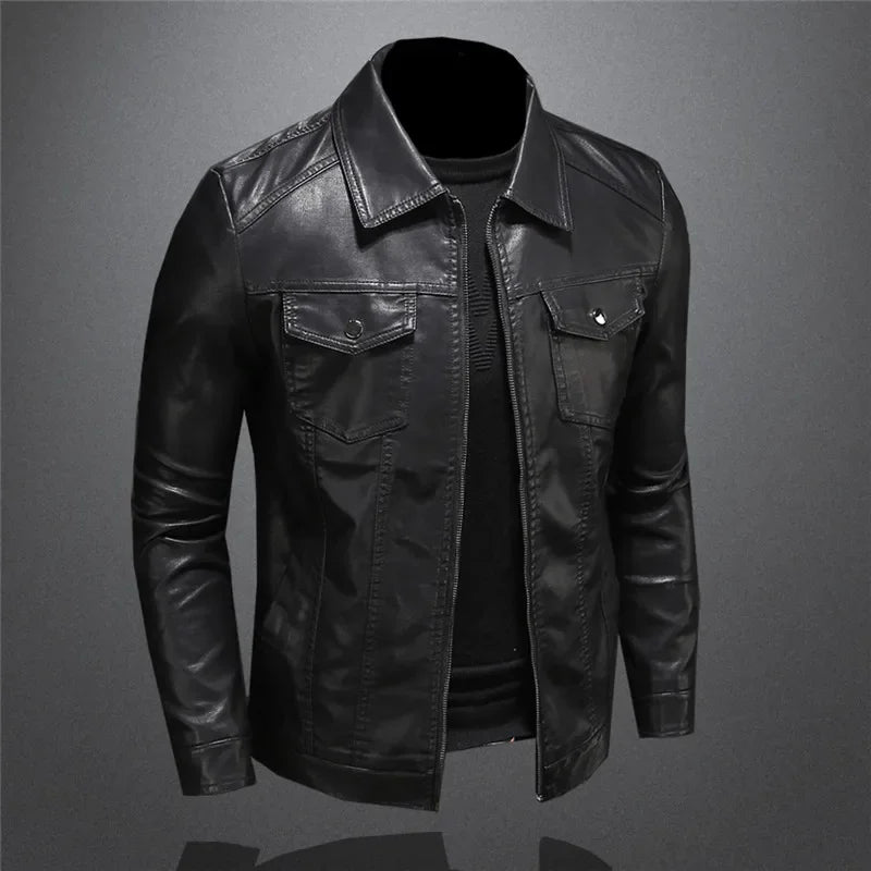 Men's Motorcycle Leather Jacket Large Size Pocket Black Zipper Lapel Slim Fit Male Spring and Autumn High Quality Pu Coat M-5Xl  Amaijoin