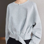 Load image into Gallery viewer, Stylish Grey Sweatshirts Autumn Winter Women Plain Long Sleeve Belt Waist Loose Casual Oversize Pullovers Korean Short Jumper  Amaijoin
