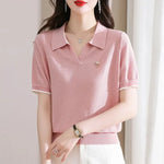 Load image into Gallery viewer, Female Tee Baggy Plain Knitted Cute T-shirts Kawaii Women&#39;s Polo Pulovers Offer Free Shipping Summer 2024 with Collar New On  Amaijoin
